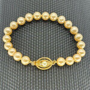Vintage Faux Pearl Bracelet W/Gold Tone Faux Pearl &  Rhinestone Clasp, Unsigned